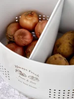 Büyük Lüx Bölmeli Beyaz Metal Patates Soğanlık Sebzelik Çeyizlik Saklama Kabı ve Kovası