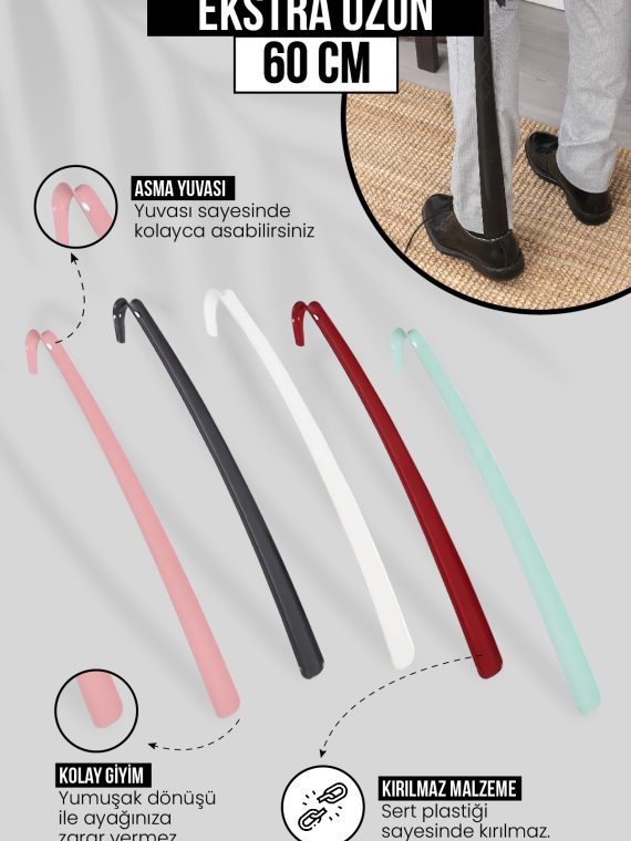 60 Cm Antrasit Gri Ayakkabı Çekeceği | Sert Plastik Asılabilir Çekecek Yumuşak Kerata Uzun