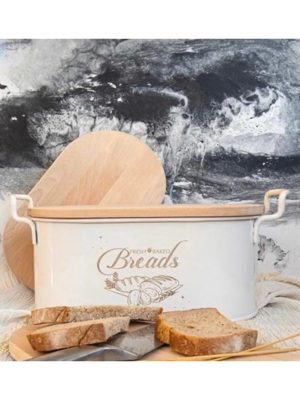 Ahşap Kesme Tahtalı Beyaz Metal Ekmeklik - Bambu Kapaklı Kesme Tahtalı Ekmek Kovası
