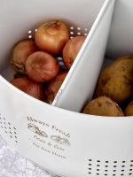 Ahşap Kulplu Lüx Bölmeli Metal Patates Soğanlık Beyaz Sebzelik Çeyizlik Saklama Kabı Ve Kovası