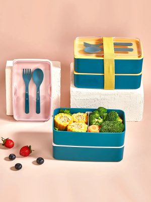 2 Katlı Yemek Saklama Beslenme Kabı Kutusu Seti-bölmeli Lunch Box Çatal Kaşık Servisli