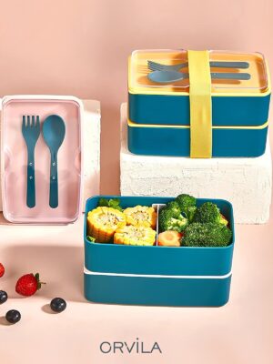 2 Katlı Dikdörtgen Yemek Saklama Kabı Beslenme Kutusu Seti - Bölmeli Lunch Box Çatal Kaşık Servisli