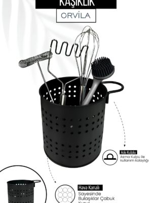 Siyah Metal Kaşıklık | Delikli Mutfak Tezgah Üstü Çubuğa Asılabilir Çatal Bıçak Kepçelik